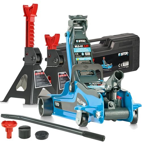 STIX Gato hidráulico 2,5T con caballete de apoyo 3T – Robusto juego de gato hidráulico con ajuste de altura, mín. 85 mm, máx. 365 mm, bolsa de transporte incluida