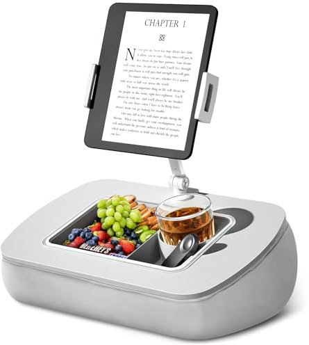 ERGONOV Tablet Stand Pillow with Snack Bowl, iPad Lap Holder for Hands-Free Reading and Relaxation on Bed,Couch,Recliner, 360° Rotating Clip for 4.7-13 Kindle,eBook,Tablet,iPhone (Light Gray)