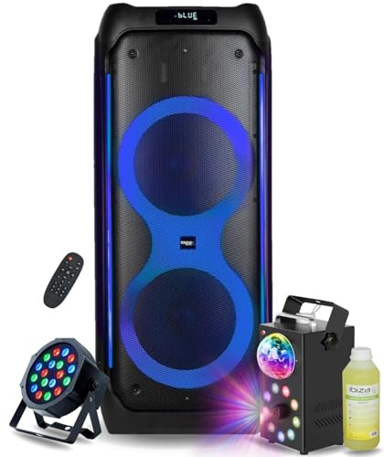 Pack Enceinte Active USB Bluetooth Autonome Ibiza 1200W COLUMBA1200 - Machine Fumée LED 700 W - Liquide 1L - Projecteur 18W Astro