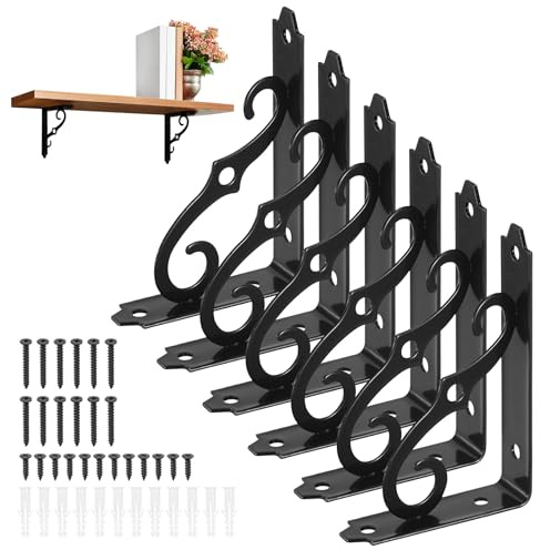 M METERXITY 6-Pack Shelf Brackets 5 Long L Shape Iron Wall Mount, Black