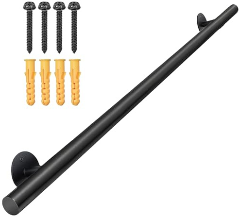 Purife 4 FT Black Metal Hand Rails for Indoor Stairs - 48 Inch Wall Mounted Safety Staircase Handrail - Outdoor Safety Grab Bars Stair Railing for Garage, Basement, Porch Steps, Banister Rails