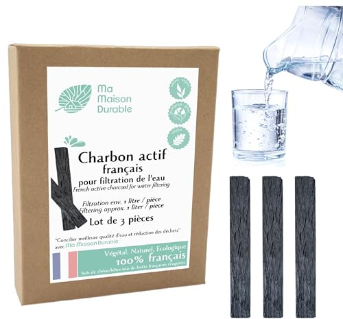Ma Maison Durable | Bâtons de Charbon Actif Français Végétal x3 pcs | Filtration 1L/Bâton pendant 6 mois | Filtre Purificateur eau naturel | Chêne ou Hêtre Francais | Idéal pour carafe, bouteille