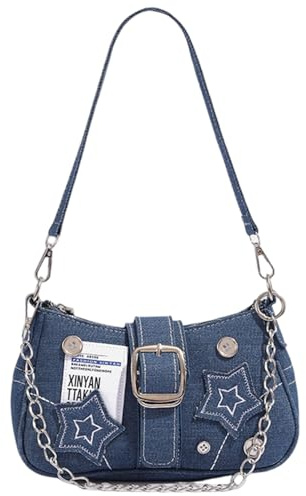 Y2k Geldbörse Y2k Schultertasche mit Kette & Stern Dekor Canvas Vintage Geldbörse Große Kapazität Goth Tasche für Frauen