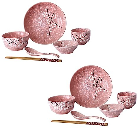 BESTYASH Juego De Vajilla Japonés Cerámico Rosa 12 Piezas Para Hogar, Incluye Cuencos, Platos, Tazas y Cubiertos, Apto Para Cenas y Restaurante