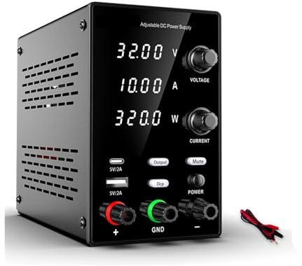 Fuente de alimentación de CC variable, 32 V, 10 A, fuente de alimentación de banco conmutada ajustable de CC, regulador y estabilizador de voltaje con pantalla de 4 dígitos Apto para laboratorios, man