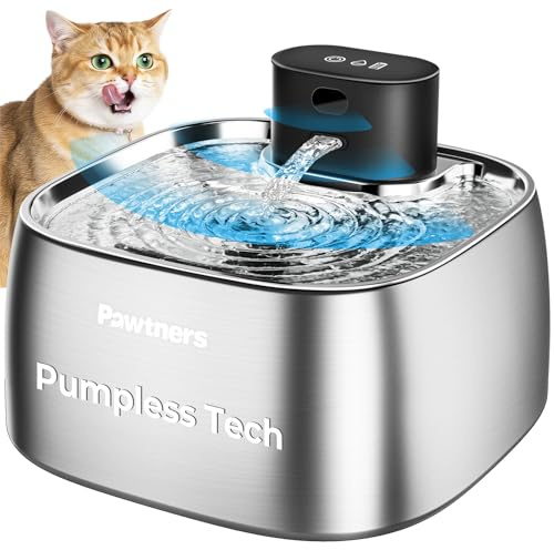 Pumpless Cat Water Fountain Stainless Steel, Automatic Cordless Cats and Dogs Water Dispenser 108oz/3.2L, Pawtners Battery Operated Pet Fountain with Smart Indicator &150° Motion Sensor