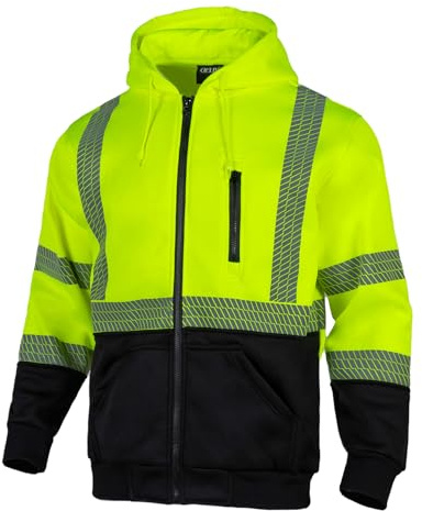 QELIN High Visibility Safety Sweatshirt ANSI Class 3 Reflective Work Fleece Hi Vis Hoodies Zipper Jacket Yellow