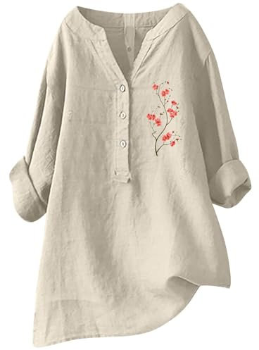 Women's Floral Print Loose Neck Long Sleeve Comfortable Shirt Top Long Sleeve Shirts, beige, S