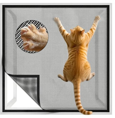 Kottwca Fliegengitter Fenster Katzensicher, Fliegengitter Ohne Bohren Fenster, 100 X 130CM, Sicher Gegen Katzen und Insekten, Einfache Installation, Fensterschutz Katze für Alle Fenster Dachfenster