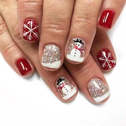 NICENEEDED 24PCS Presse de Noël sur Les Ongles Faux Ongles Blancs Courts et Carrés avec Motifs de Bonhomme de Neige et de Flocons de Neige Faux Ongles à Paillettes de Noël