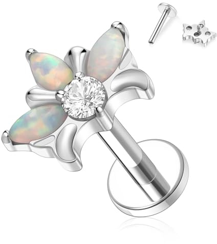 hengkaixuan Weißer Opal Labret Stift 16G Lippenring 6 mm Ohrläppchen Ohrring G23 Titan Muschelohrring mit Innengewinde Knorpel Helix Tragus Piercing Medusa Schmuck
