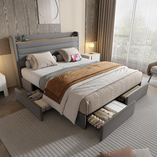 Aunvla Marco de cama moderno de 160 x 200 cm, con tapizado de terciopelo, cabecero con puerto USB y función de almacenamiento, 4 cajones en la parte inferior del marco de la cama, color gris