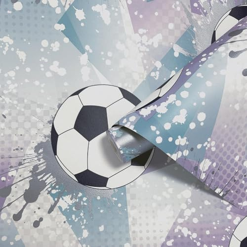 Lilac Football Frenzy Wallpaper Silver Metallic Shimmer Kids Bedroom Playroom