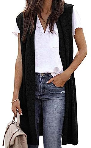 Chaleco largo de punto para mujer, chaleco ligero sin mangas, elegante, fino, frente abierto, sin mangas, abrigo de punto, cárdigan largo, cárdigan de punto, cárdigan de punto liso, abrigo, Negro , L
