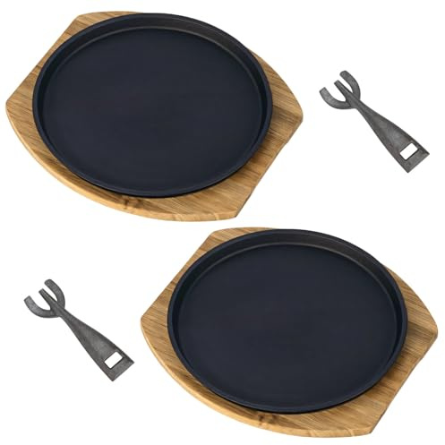 yeeplant Lot de 2 assiettes rondes en fer pour steaks, plaques de cuisson rondes avec plateau en bois et clips résistants à la chaleur, idéales pour les teppanyaki