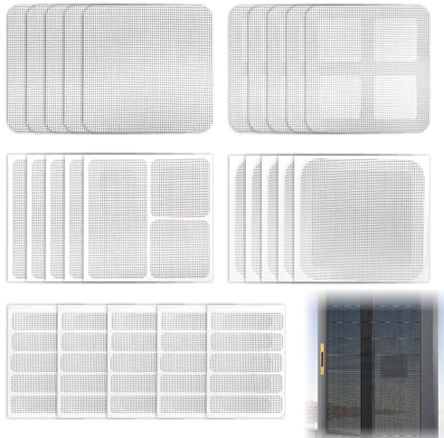 Kit di 55 pezzi per riparazione zanzariera, nastro adesivo in velcro con 4 misure (1,5 x 6 cm, 5 x 10 cm, 10 x 10 cm), Scotch Riparazione per finestre, porte e moschetiche, cattura capelli doccia