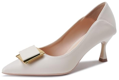 Wtharosa Scarpe Eleganti da Donna con Punta A Punta Tacco Basso con Fibbia Quadrata Metallica Pumps Comode per Uso Quotidiano Ufficio,off White(Heel:4cm),37 EU