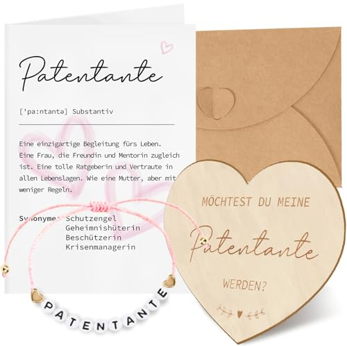 Cadimus Patentante Fragen Geschenk, Fragen Karte Holz, Möchtest du Meine Patentante Werden, Definition Karte und Umschläge, Armband mit Alphabet, Geschenke für Taufpatin