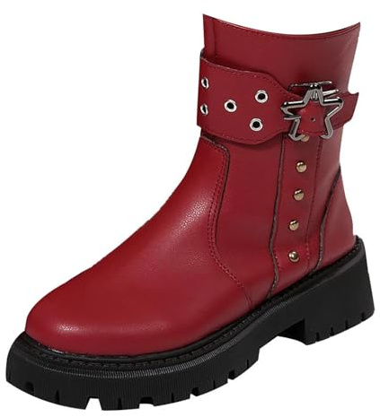 Momolaa UK 5 Women's Motorcycle Booties Buckles Zipper Fashion Ankle Boots Round Toe Leather Platform Lug Sole Low Chunky Heel Combat Boots Fall Winter Boot #2_Red