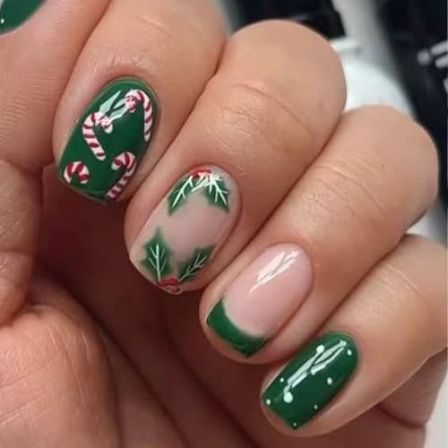 Lot de 24 faux ongles courts et carrés sur le thème de l'hiver - Pour Noël, Nouvel An, fête - Durabilité - Ensemble de manucure de Noël sur ongles courts et carrés - Vert