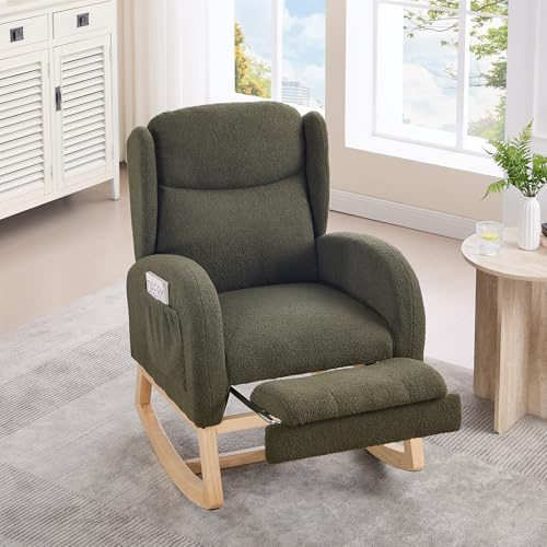 Kelodan Schaukelstuhl, Stillstuhl, Lounge-Sessel mit Holzgestell, verstellbare Fußstütze, hohe Rückenlehne, Teddy-Stoff, mit Tasche, bequemer Akzentstuhl für Schlafzimmer und Wohnzimmer, Grün