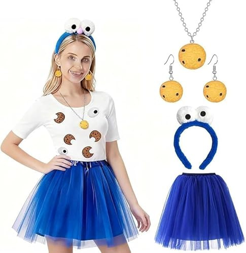 KOMEIYL Krümelmonster Kostüm, 5 Stück krümelmonster kostüm Damen Mädchen, Cookie Monster Kostüm mit Tüllrock Blau, Haarreif, Rucksacke, Ohrringe & Halskette, für Karneval Mottoparty Cosplay