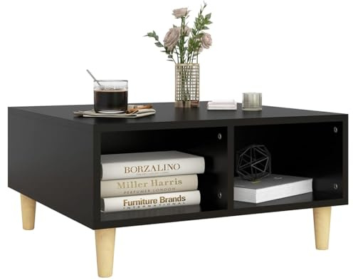 HOMELEN Scandinavian Style Coffee Table with Storage Shelves Black Chipboard and Solid Eucalyptus Wood 60x60x30cm for Living Room, Easy to Clean and Sturdy Design for Books, Drinks and Decorations
