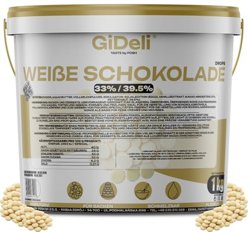 GiDeli Weiße Schokolade Drops 1kg im Eimer - Kuvertüre mit Kakaobutter & 33% Kakao - Backschokolade zum Schmelzen - Einfache Dosierung - Ideal für Pralinen, Ganache & Schokoladenfondue