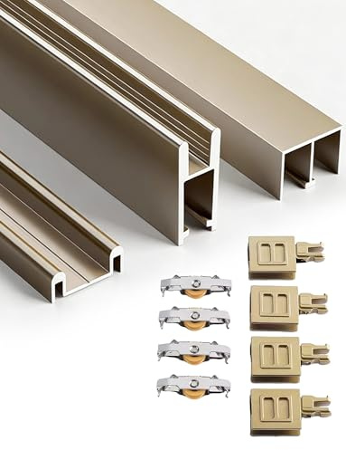 Skjutdörrskit i aluminium med tysta hjul – dubbla skenor för skåp, garderober och montrar, ingen borrinstallation, anpassad längd (brun, 180 cm/70,9 tum, 0,5 cm)
