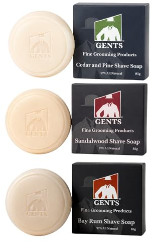 GENTS All Natural Shaving Soap Set for Men, 3 Pack Cedar & Pine, Sandalwood, Bay Rum, Shea Butter Rich Lather, Barbershop Wet Shave Grooming Kit