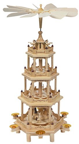 Große Weihnachts-Pyramide 4 Motive in 4 Etagen, H: 55 cm, Naturtöne, handbemalt im Kunsthandwerks-Stil