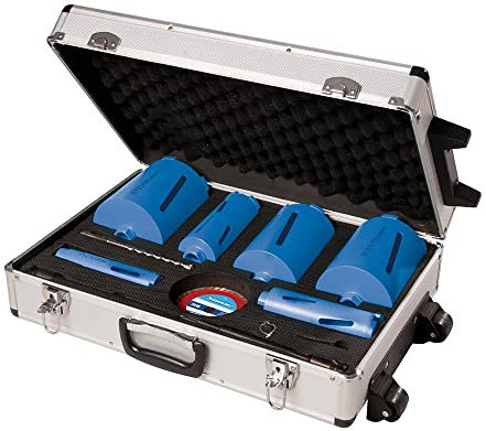 Dapetz ® Diamond Core Drill Kit 12pce Steel Body with 6 Core Drills (38, 52, 65, 107, 117 and 127mm), 2 Cutting Discs, 2 Arbors (SDS Plus and Hex), Guide Drill Bit and Drift Key for Masonry