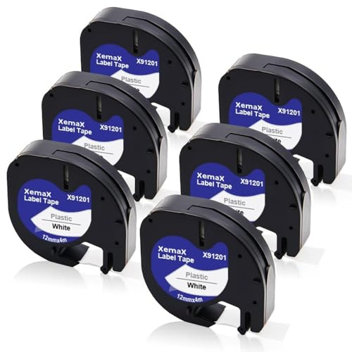 6x XemaX Kompatibel für Dyno Letra 12mm x 4m Etikettenband, Schwarz auf Weiß Schriftband 91201 91221 S0721610 S0721660 Kunststoffschriftband für Dyno Gerät LT-100H 100T XR 200B 2000 XM 80 109xr 10g