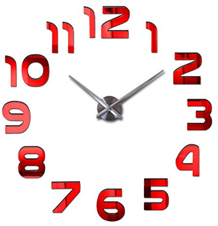 HC&WT Orologio da Parete Silenzioso con I Numeri Fai da Te Adesivi, Facile da Montare Effetto 3D Riempire Vuoto Parete Moderno Adesivo Orologio Parete Decorazione per Casa Ufficio Hotel (Rosso)