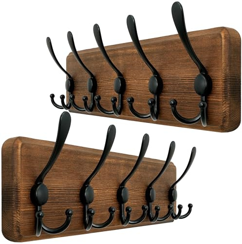 WEBI Garderobenleiste,Garderobenhaken mit 5 Dreifachhaken,Wandgarderobe Holz,Kleiderhaken Wand,Hakenleiste Garderobe,Jackenhalter Wand für Mäntel,Jacken,Rustikal Braun,2 Stück