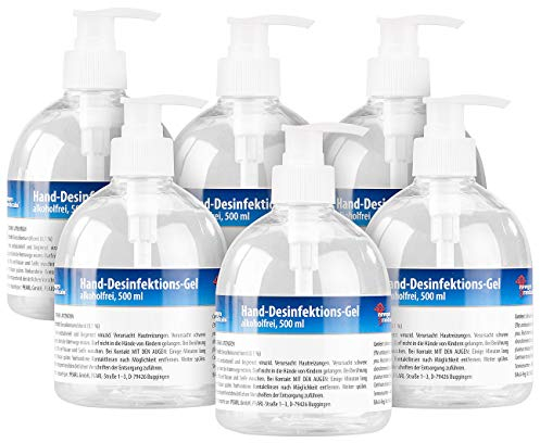 newgen medicals Handdesinfektionsgel: 6er-Set Hand-Desinfektions-Gels im Spender, alkoholfrei, je 500 ml (Hautdesinfektionsmittel, Schnelldesinfektionen, Handgepäck)