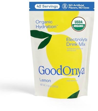 GOODONYA Organic Hydration Electrolyte Drink Mix, Certified Organic Hydration Powder, Non-GMO, Biochecked Glyphosate Free, Low Sugar, Lemonade Flavor, No Artificial Flavors, 42 Servings