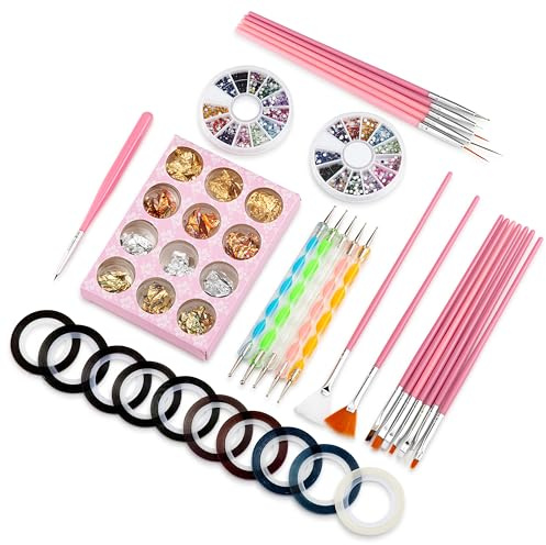 Nail Art Set 15PCS | Complete Nail Art Kit with Brushes, Gems, Glitter Tools, Dotting Tools & Striping Tape | Nail Art Marker & Pens for Kids & Adults | Beginner & Professional Design Set