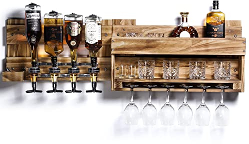 Yorbay Weinregal Palette beflammt Holz, Wandbar mit 4 Getränkespender Wand Flaschenhalter, Vintage, Geschenk (Regulär ohne LED)
