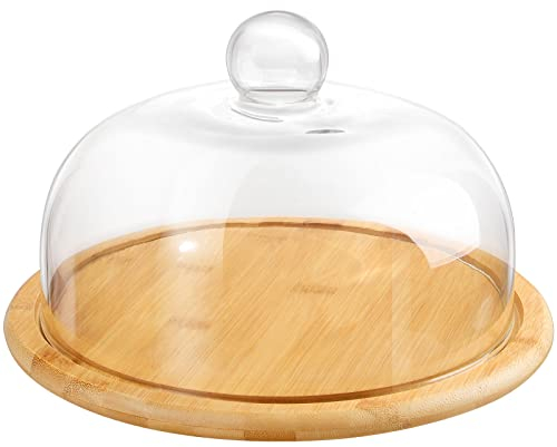 Cake Stand with Dome Lid, Wood Cake Plate with Clear Glass Cover 10.2inch Clear Glass Bell Jar Cover Wood Tray Display Tray for Birthday Kitchen Party Baking Gifts