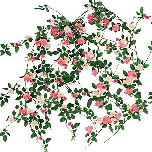 FiveSeasonStuff Pink Wild Rose Vine Garland, Two Faux Silk Floral Garlands with Greenery, Bendable Decorative Vines 12 ft Total