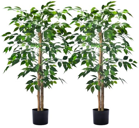 Künstliche Ficus-Bäume mit realistischen Blättern und natürlichem Stamm, wartungsfrei, Kunstpflanzen mit stabilem Kunststoff-Topf für Büro, Zuhause, Bauernhaus für Innen- und Außendekoration