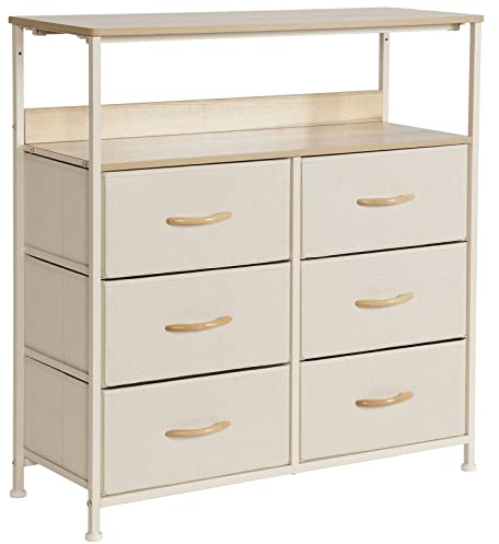 LYNCOHOME Chest of Drawers, Fabric Storage Drawers, 6 Drawers Storage Unit with Sturdy Steel Frame and Wood Top, for Bedroom, Sitting room, Closet. (Beige)