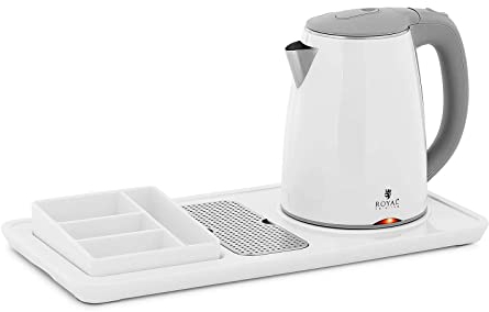 Royal Catering RC-HKS02 Plateau de courtoisie hôtel Avec compartiments pour café et thé 1,2 l 1800 W Inox Blanc Plateau de courtoisie haut de gamme Plateau de courtoisie avec bouilloire électrique