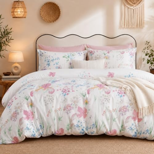 Lanqinglv Bettwäsche 155x220cm Weiß Lila Blätter Blumen Muster Pflanzen Wende Bettwäsche Set Bunt Microfaser Renforce Bettbezug mit Reißverschluss und Kissenbezug 80x80 cm