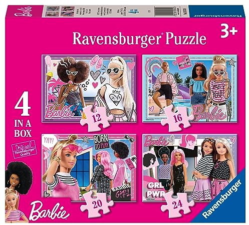 Ravensburger - 3 Jahre alte 4 in Einer Box, Barbie - 3-Jahres, Barbie-Kollektion, beinhaltet 4, 12-16-20-24 Progressive Teile, Lernspiele, Geschenkideen | 4 Barbie-Puzzles mit 12, 16, 20 und 24 Teilen, pädagogisches und lustiges Spielzeug, Geschenk ab 3 Jahren.