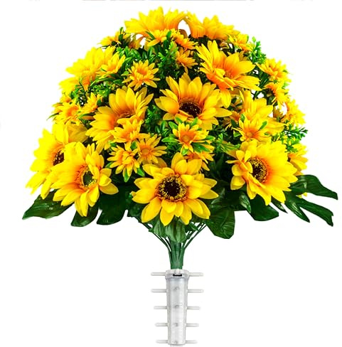 Sympathy Silks Artificial Cemetery Flowers - Realistic Vibrant Sunflowers Outdoor Grave Decoration - Yellow Sunflower Bouquet for Cemetery