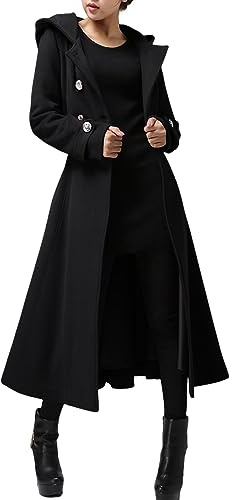 Cicy Bell Womens Long Double-Breasted Hooded Coat Winter Warm Wool Trench Coat with Belts, Black, L
