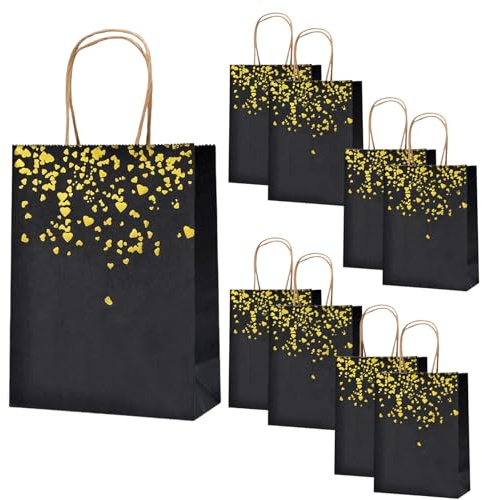 20 Stück Schwarz Gold Geschenktüten, Papiertüten mit Henkel, Goldenen Herzen Wiederverwendbar Kraftpapiertüten für Einkaufen, Hochzeiten, Verpackungen, Partys, Geburtstag