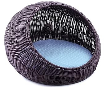 Hundebett Katzenbett Haustierbett Rattan-Haustierbett, Süßes Katzennest, Geschlossenes Katzenkissenbett, Hält Warmes Haustier-Katzenbett, Handgewebtes Katzen-Hundebett Mit Kissen, Waschbar Hundesofa H